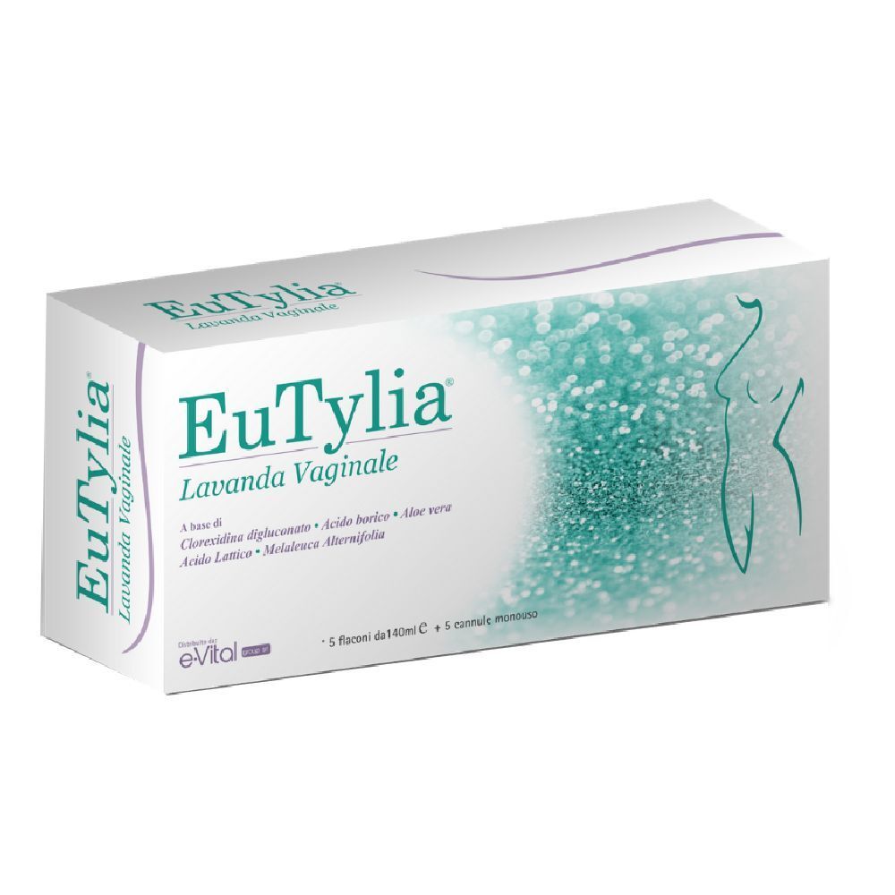 Confezione di Eutylia Lavanda Vaginale. Scritta: Eutylia, Lavanda Vaginale. Contiene 5 flaconi e 5 cannule monouso.