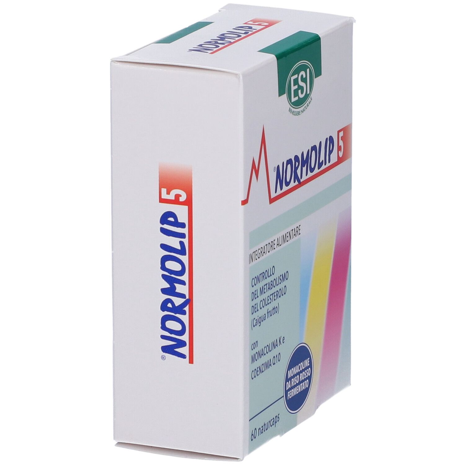 Weiße Schachtel, seitliche Ansicht. Schriftzug: Normolip 5. ESI-Logo. Enthält 60 Kapseln. Text über Inhaltsstoffe.