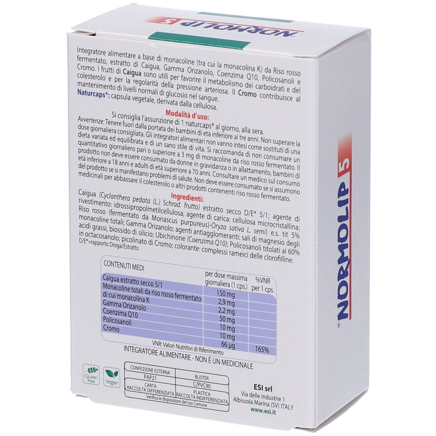 Rückseite der weißen Schachtel. Text über Inhaltsstoffe und Nährwerte. Schriftzug: Normolip 5. ESI-Logo.