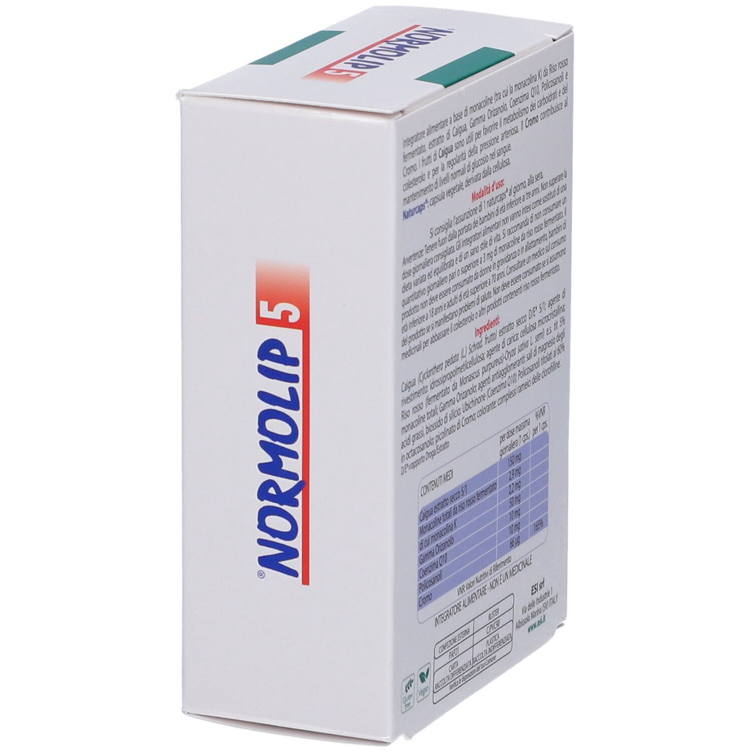 Schachtel, seitliche Ansicht. Text über Inhaltsstoffe und Nährwerte. Schriftzug: Normolip 5. ESI-Logo.
