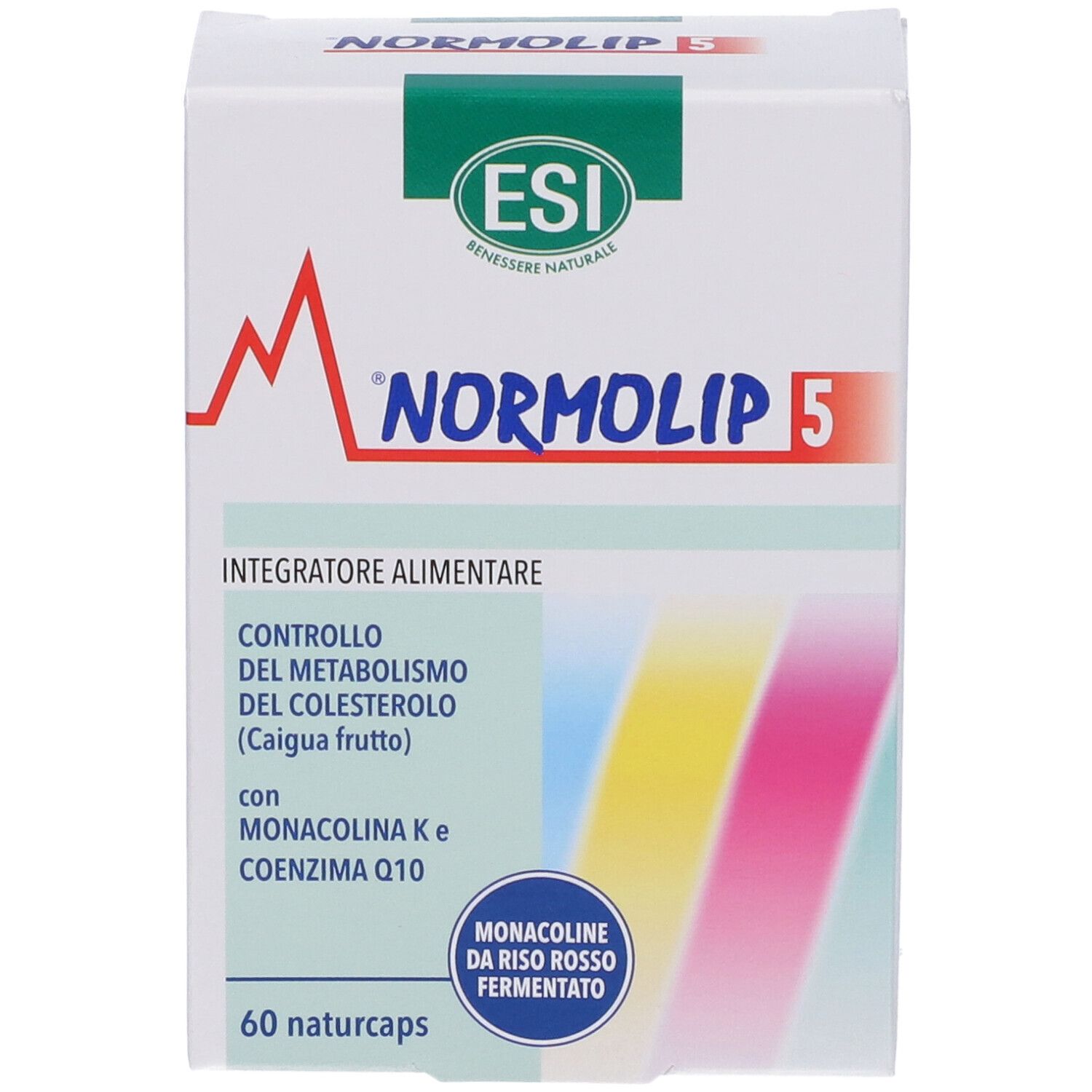 Weiße Schachtel mit rotem und blauem Logo. Schriftzug: Normolip 5. Enthält 60 Kapseln. ESI-Logo.