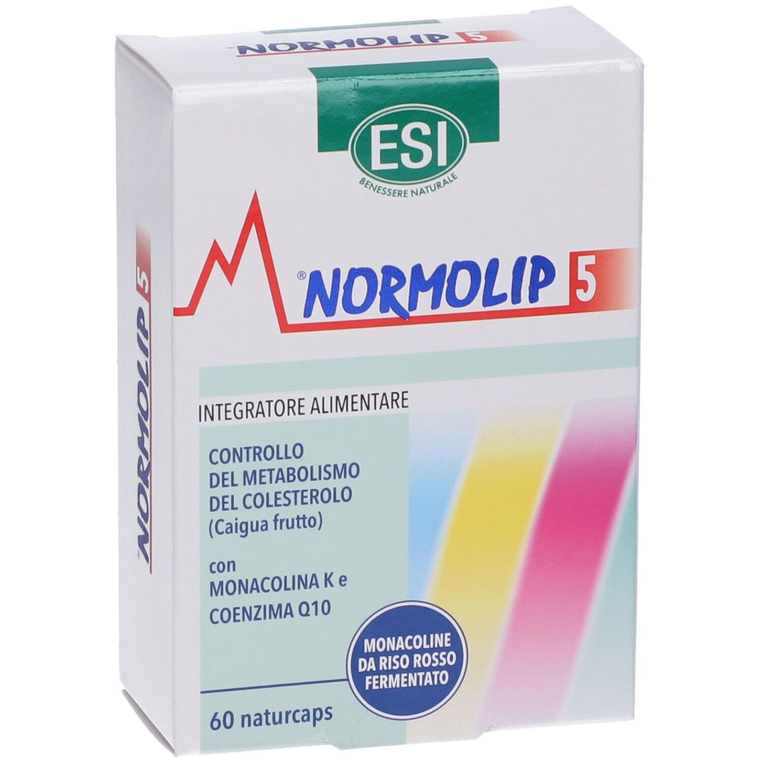 Weiße Schachtel mit rotem und blauem Logo. Schriftzug: Normolip 5. Enthält 60 Kapseln. ESI-Logo.
