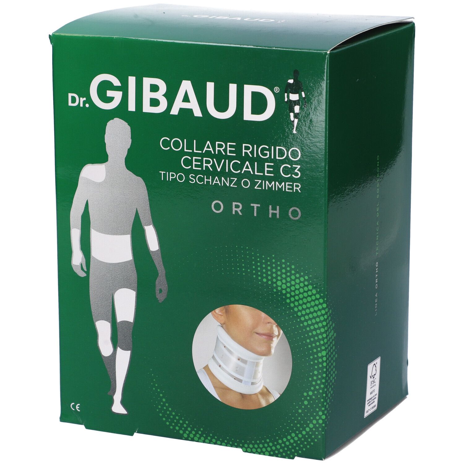 Scatola verde. Scritta: Dr. Gibaud, Collare Cervicale Rigido C3, Ortho. Illustrazione del prodotto.