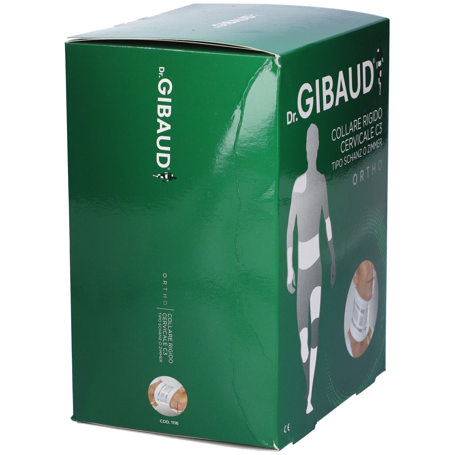 Scatola verde. Scritta: Dr. Gibaud, Collare Cervicale Rigido C3, Ortho. Illustrazione del prodotto.