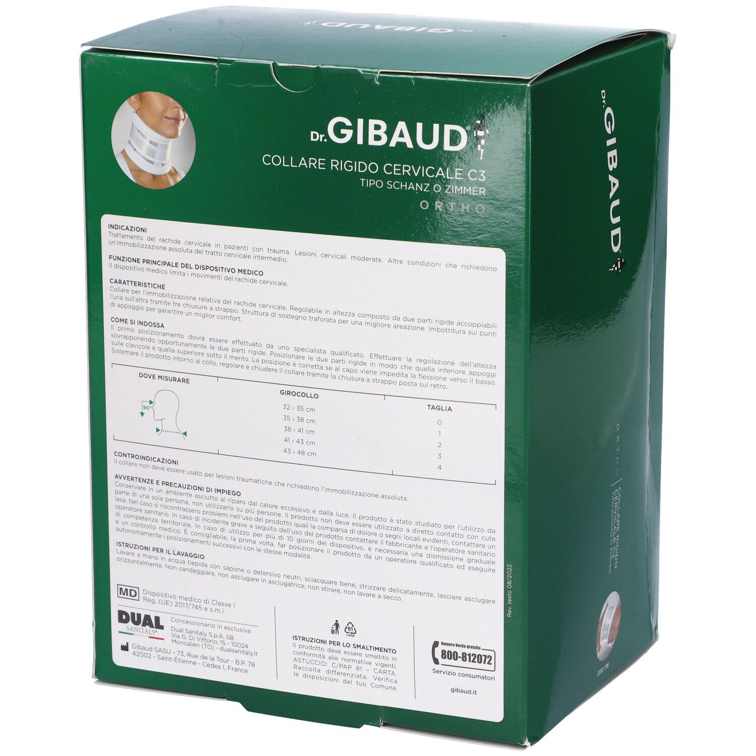 Scatola verde. Testo: Dr. Gibaud, Collare Cervicale Rigido C3, Ortho. Informazioni e istruzioni.