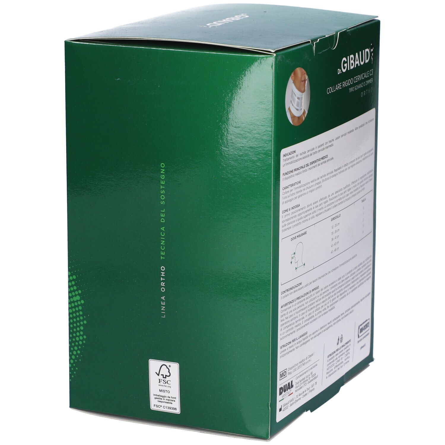 Scatola verde. Testo: Dr. Gibaud, Collare Cervicale Rigido C3, Ortho. Informazioni e istruzioni.