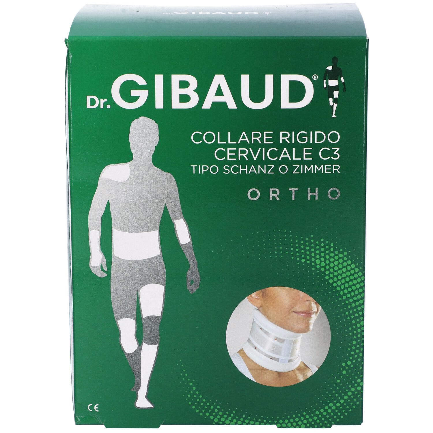 Scatola verde. Scritta: Dr. Gibaud, Collare Cervicale Rigido C3, Ortho. Illustrazione del prodotto.