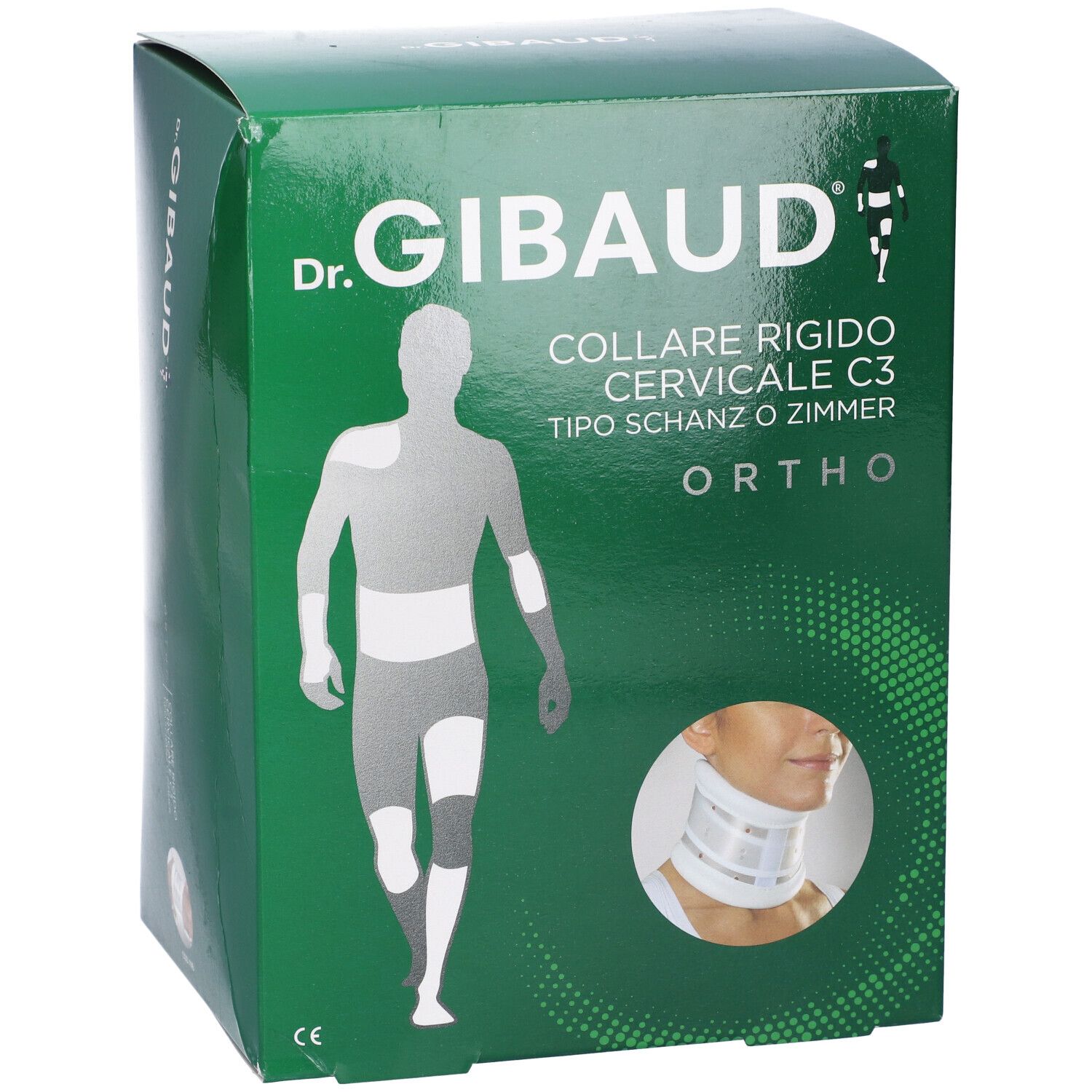 Scatola verde. Scritta: Dr. Gibaud, Collare Cervicale Rigido C3, Ortho. Illustrazione del prodotto.