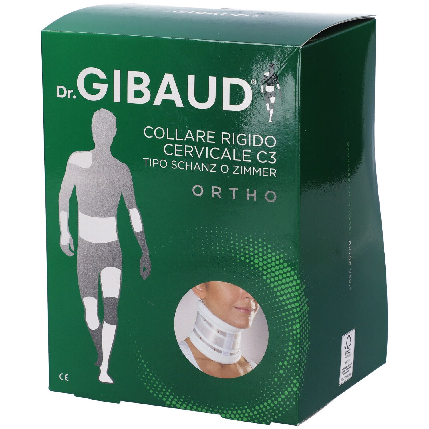 Grüne Verpackung mit Produktabbildung und Text. "Dr. Gibaud" und "Collare Cervicale Rigido C3" sind sichtbar.