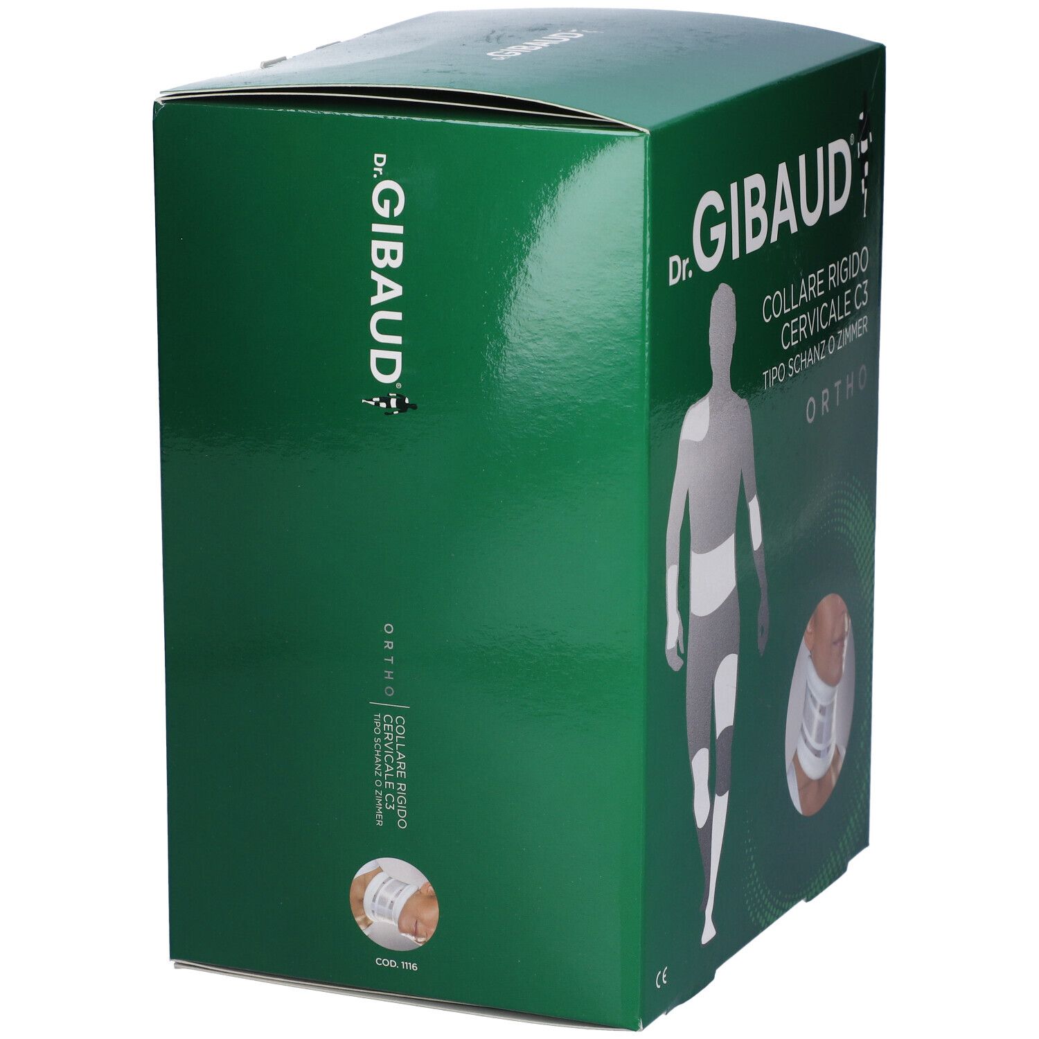 Grüne Verpackung, Seitenansicht. Text: "Dr. Gibaud", "Collare Cervicale Rigido C3". Abbildung des Produkts.