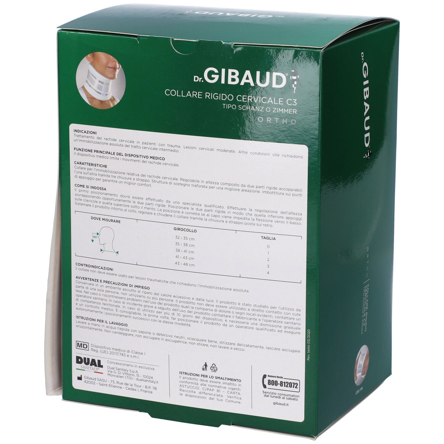 Grüne Verpackung, Rückseite. Text: "Dr. Gibaud", Produktinformationen und Größenangaben. Weißes Produkt sichtbar.