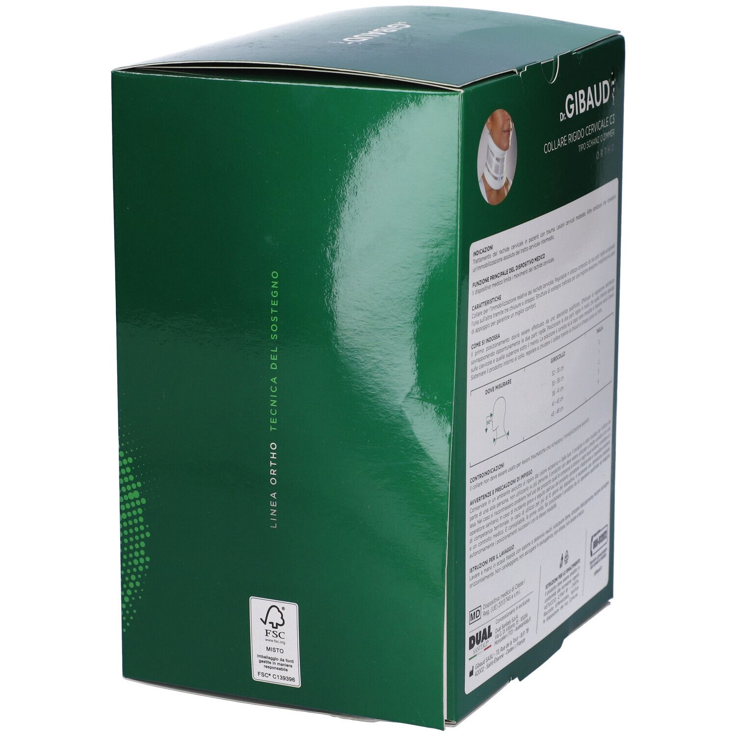 Grüne Verpackung, Rückseite mit Text. FSC-Logo und Produktinformationen. "Dr. Gibaud" ist sichtbar.