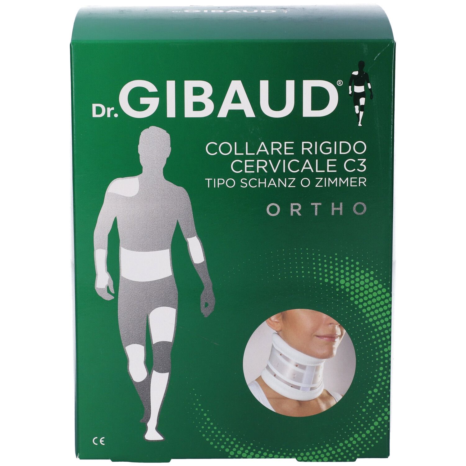 Grüne Verpackung mit Produktabbildung und Text. "Dr. Gibaud" und "Collare Cervicale Rigido C3" sind sichtbar.