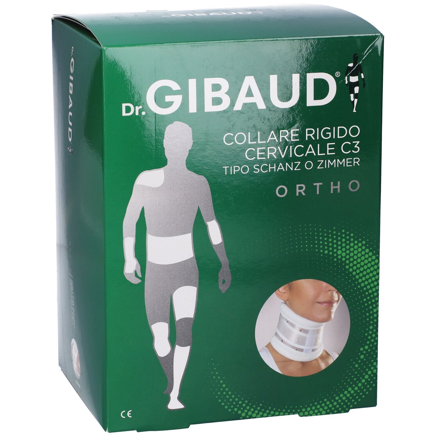 Grüne Verpackung mit Produktabbildung und Text. "Dr. Gibaud" und "Collare Cervicale Rigido C3" sind sichtbar.