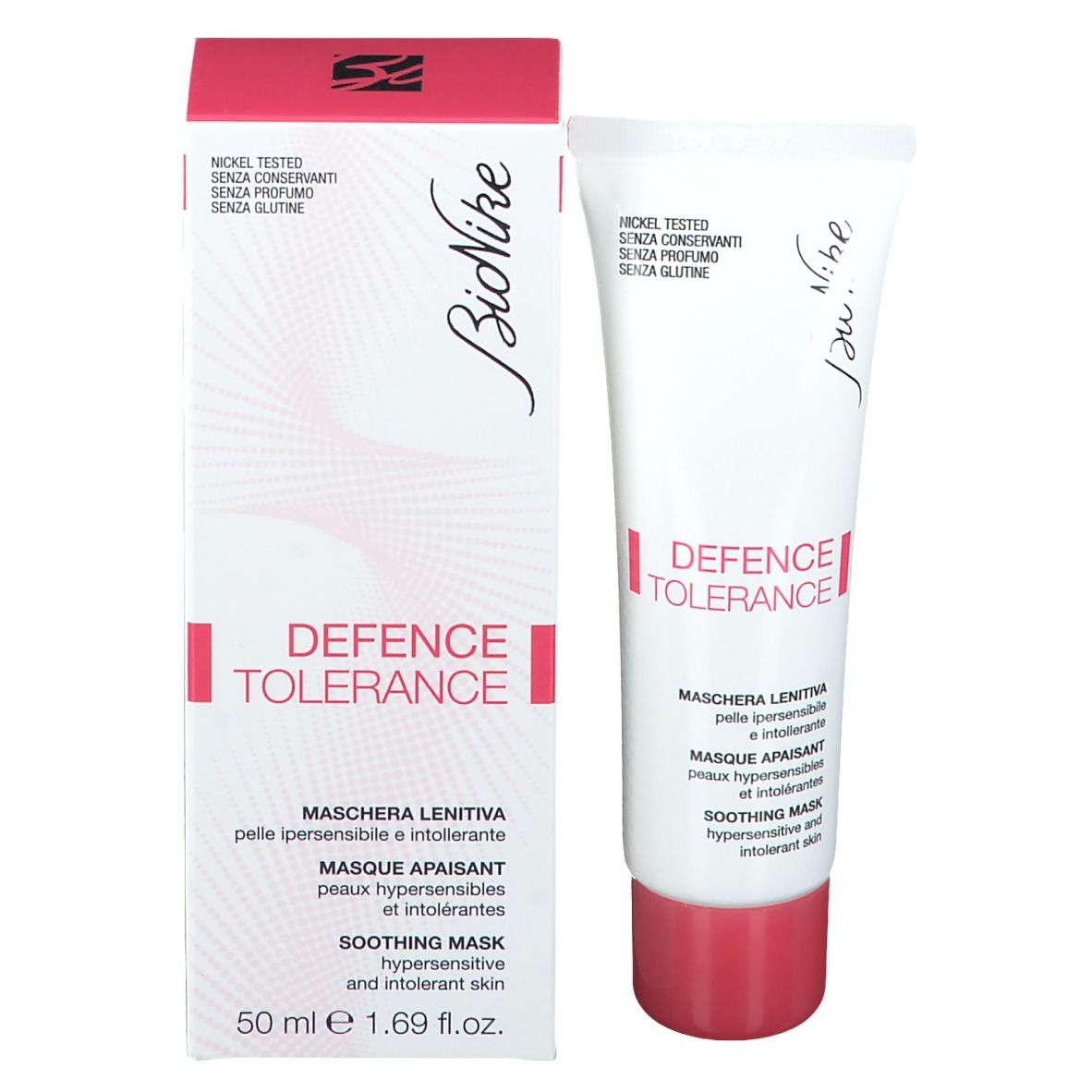 Produktverpackung. Weiße Schachtel mit Tube. Aufschrift: DEFENCE TOLERANCE, Maschera Lenitiva, Soothing Mask. Nickel Tested.