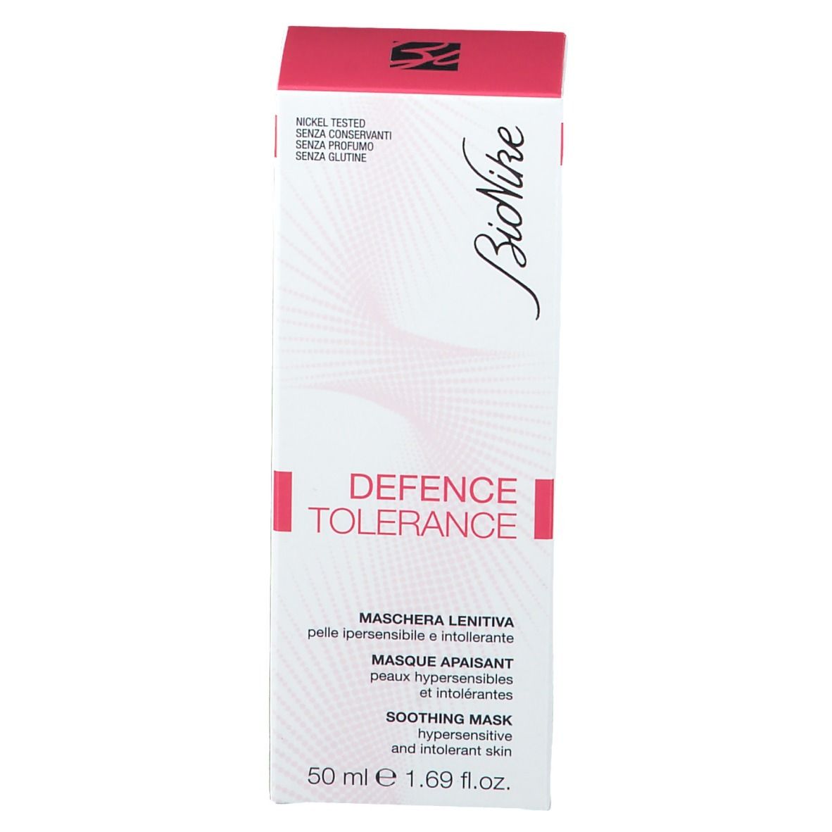 Weiße Schachtel mit rotem Deckel. Aufschrift: DEFENCE TOLERANCE, Maschera Lenitiva, Soothing Mask. Nickel Tested.