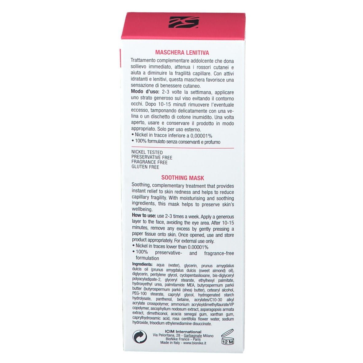 Rückseite der Schachtel. Text in mehreren Sprachen. Angaben zur Anwendung und Inhaltsstoffe. Nickel Tested, ohne Parfum, ohne Gluten.