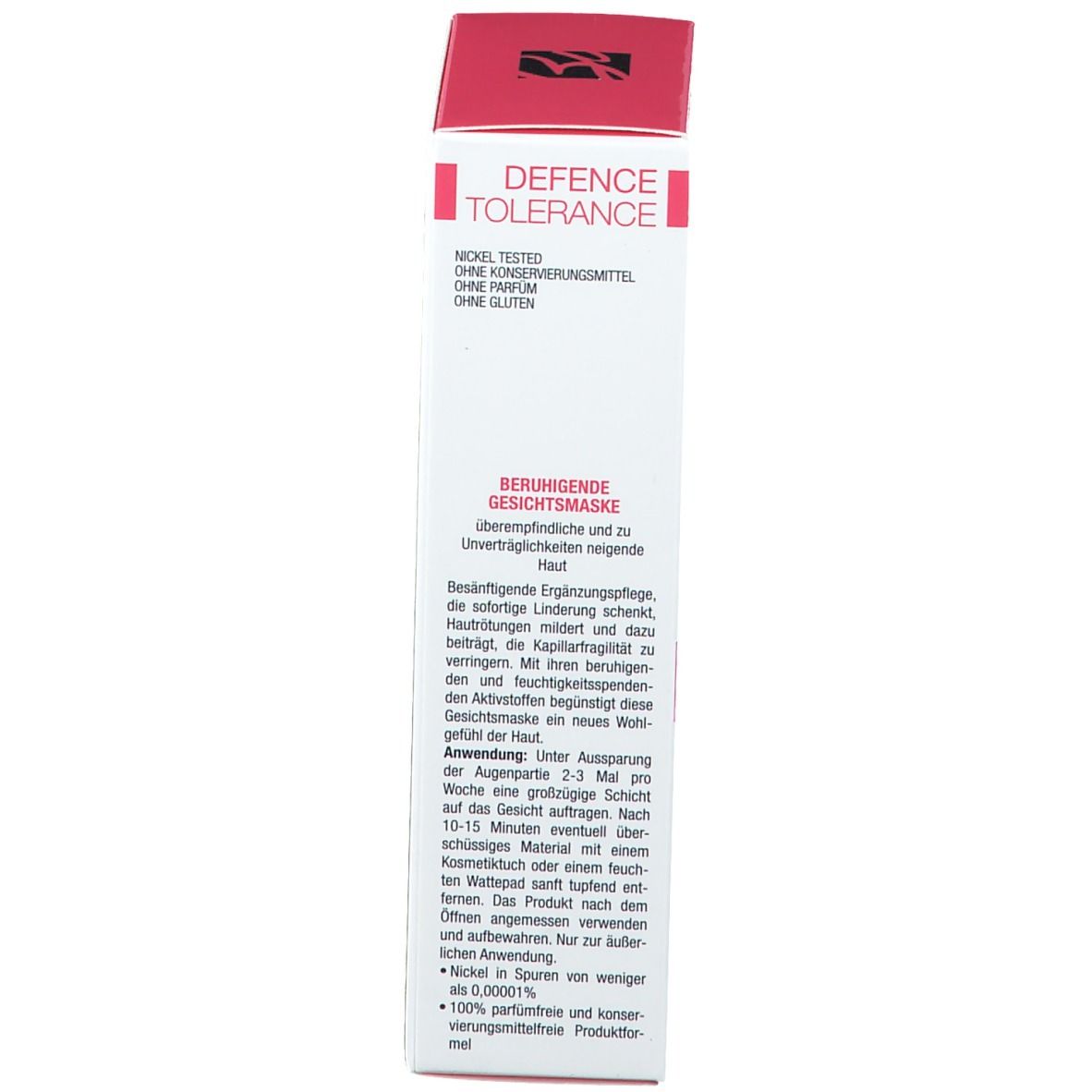 Rückseite der Schachtel. Text in mehreren Sprachen. Angaben zur Anwendung. Nickel Tested, ohne Parfum, ohne Gluten.