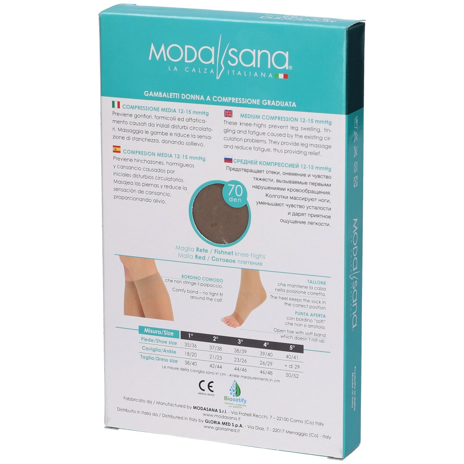 Rückseite der Verpackung mit Kompressionsstrümpfen. Marke Modasana. Produktinformationen und Größentabelle.