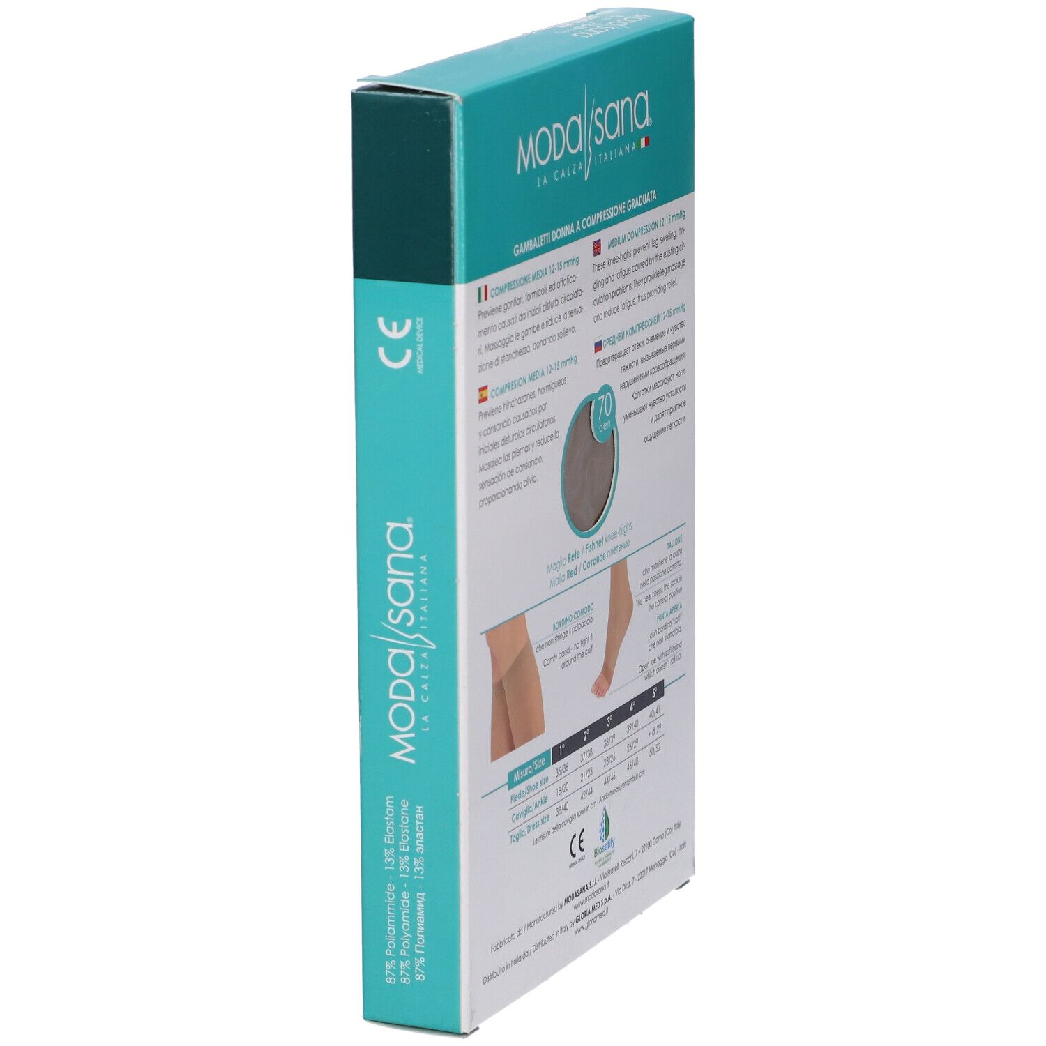 Seitenansicht der Verpackung mit Kompressionsstrümpfen. Marke Modasana. Produktinformationen und CE-Zeichen.