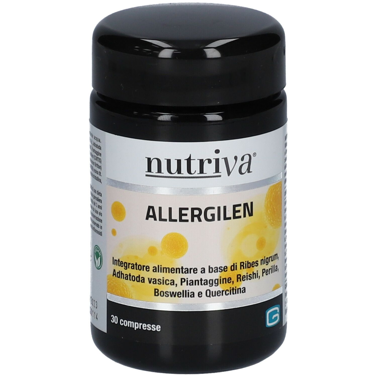 Barattolo nero con etichetta bianca. Scritta: Nutriva ALLERGILEN. 30 compresse. Marchio G.