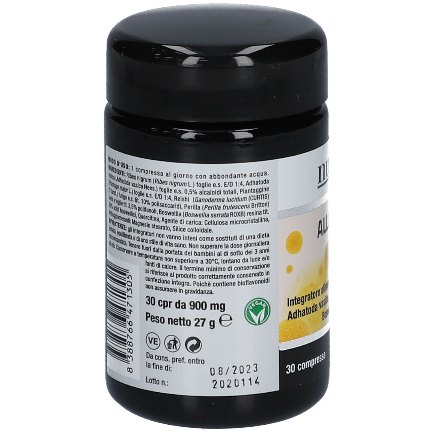 Barattolo nero con etichetta bianca. Retro con ingredienti e informazioni nutrizionali. 30 compresse, 27 g. Logo vegano.