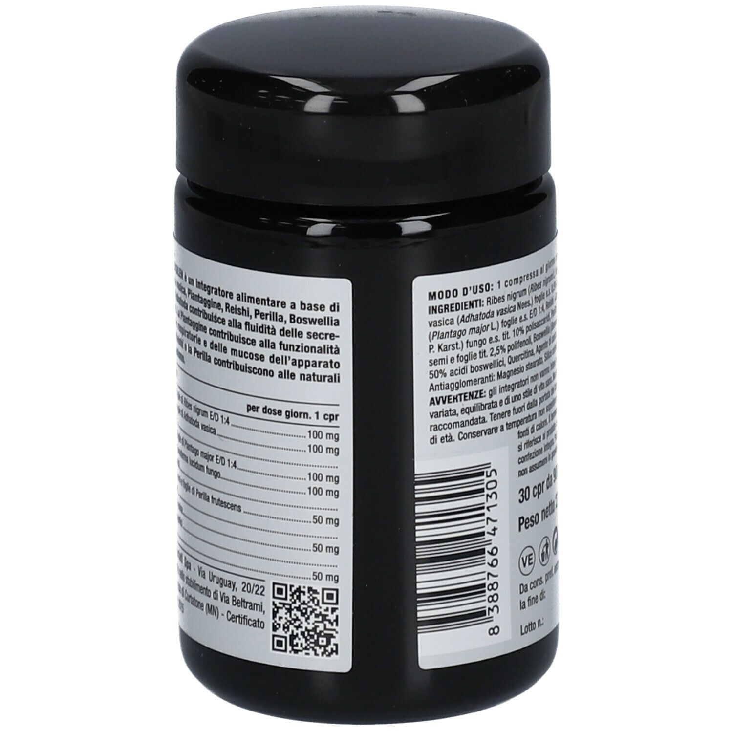 Barattolo nero con etichetta bianca. Retro con ingredienti e dosaggio. Codice QR.