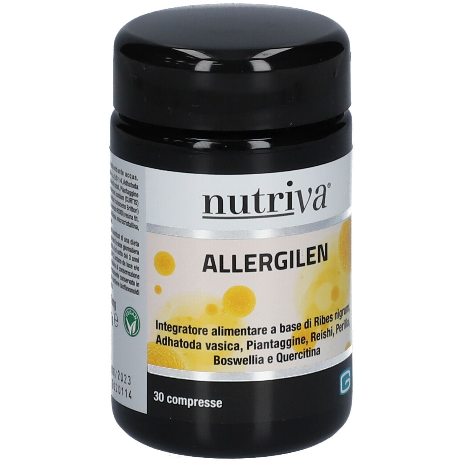 Barattolo nero con etichetta bianca. Scritta: Nutriva ALLERGILEN. 30 compresse. Marchio G.