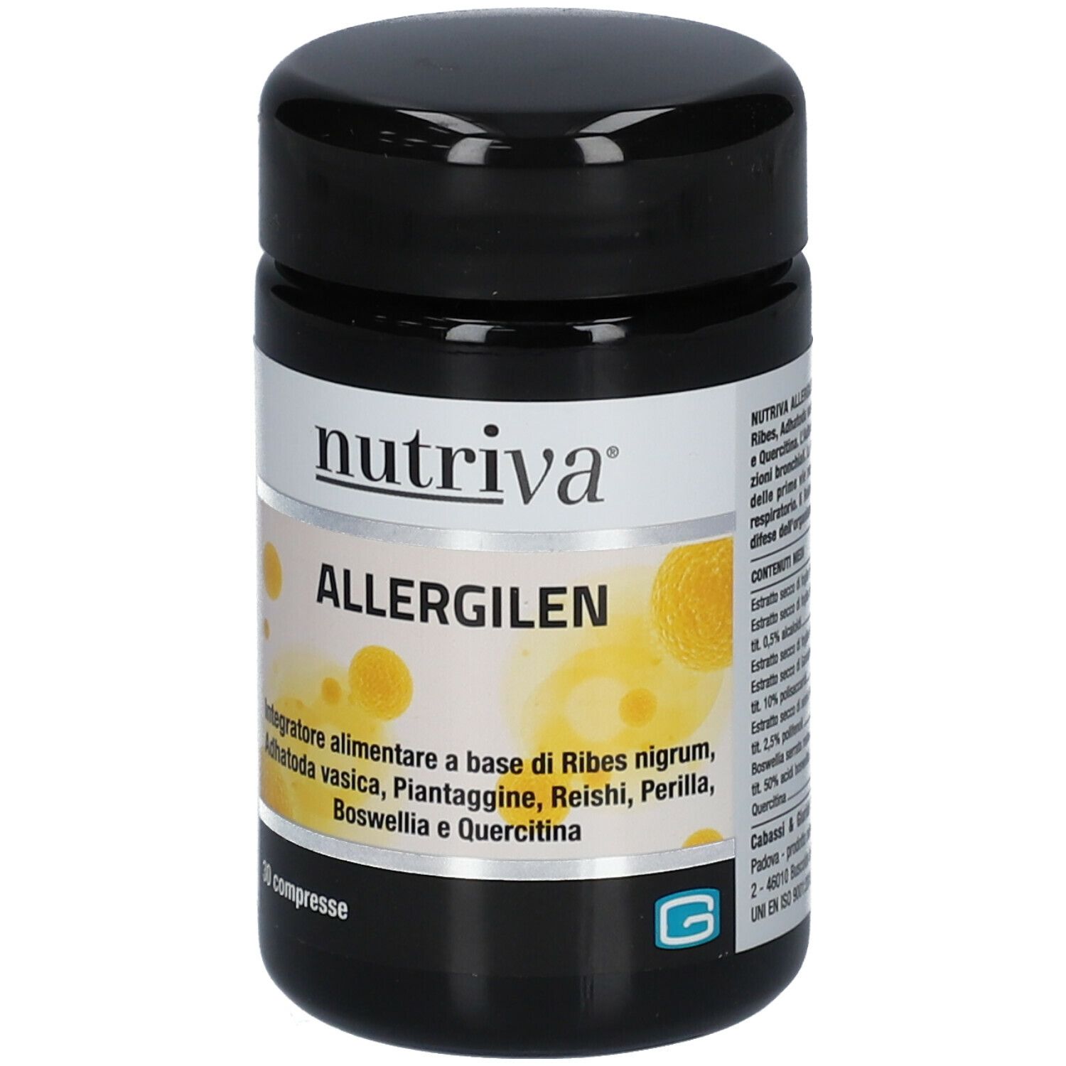 Barattolo nero con etichetta bianca. Scritta: Nutriva ALLERGILEN. 30 compresse. Marchio G.