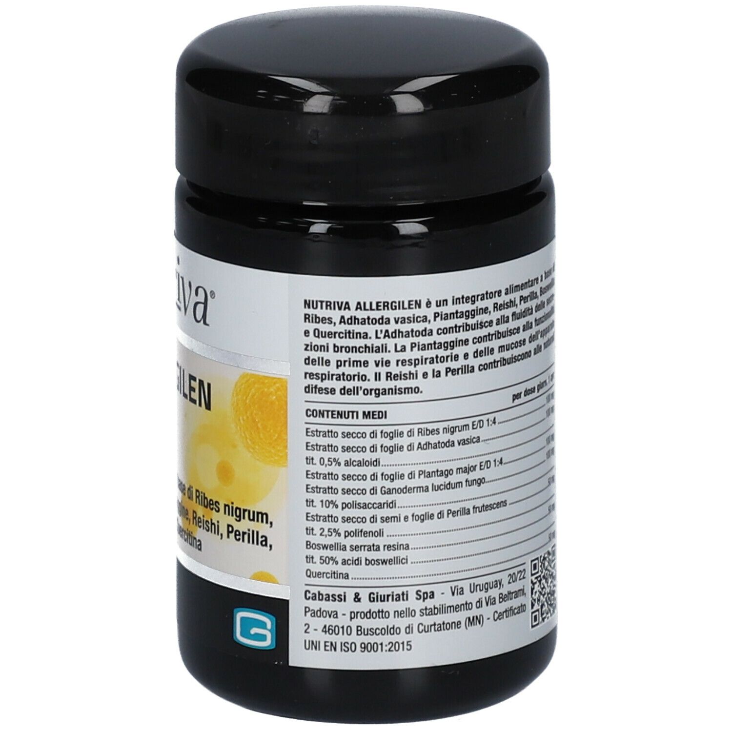 Barattolo nero con etichetta bianca. Retro con ingredienti e informazioni produttore. UNI EN ISO 9001:2015.