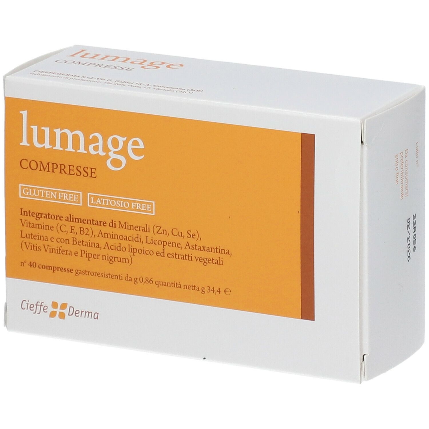 Scatola di compresse lumage, senza glutine, senza lattosio. Cieffe Derma. Contiene minerali, vitamine, aminoacidi, ecc. 40 compresse.