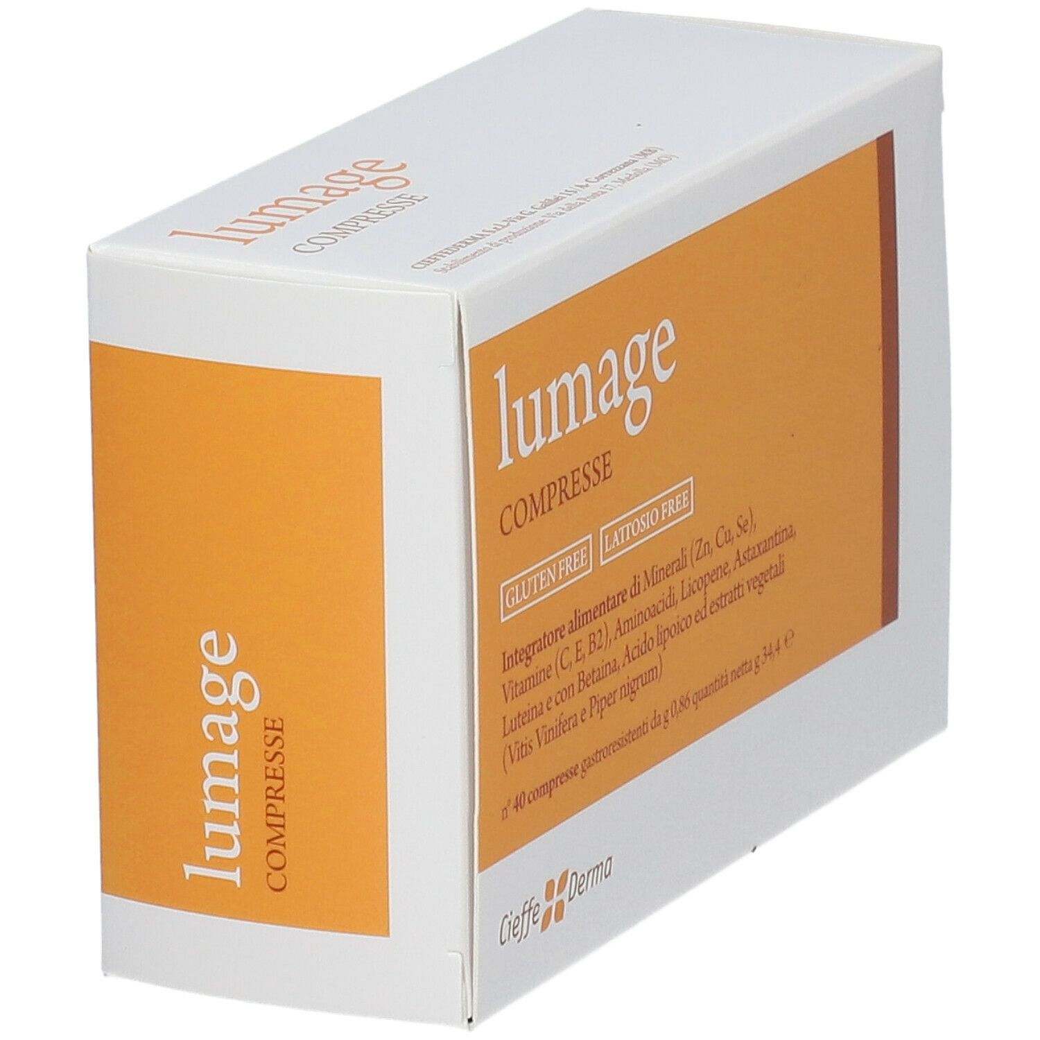 Scatola di compresse lumage, senza glutine, senza lattosio. Cieffe Derma. Contiene minerali, vitamine, aminoacidi, ecc. 40 compresse.