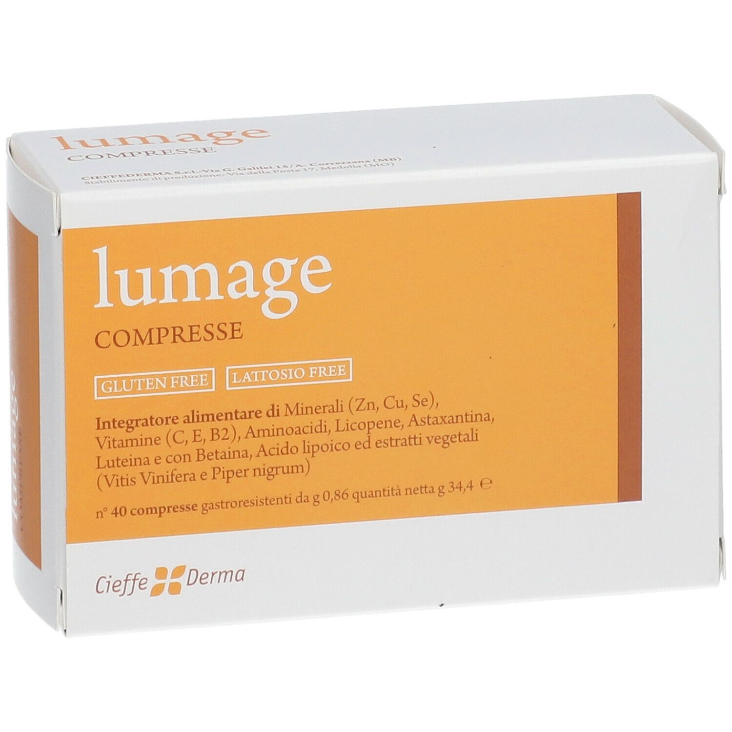 Scatola di compresse lumage, senza glutine, senza lattosio. Cieffe Derma. Contiene minerali, vitamine, aminoacidi, ecc. 40 compresse.