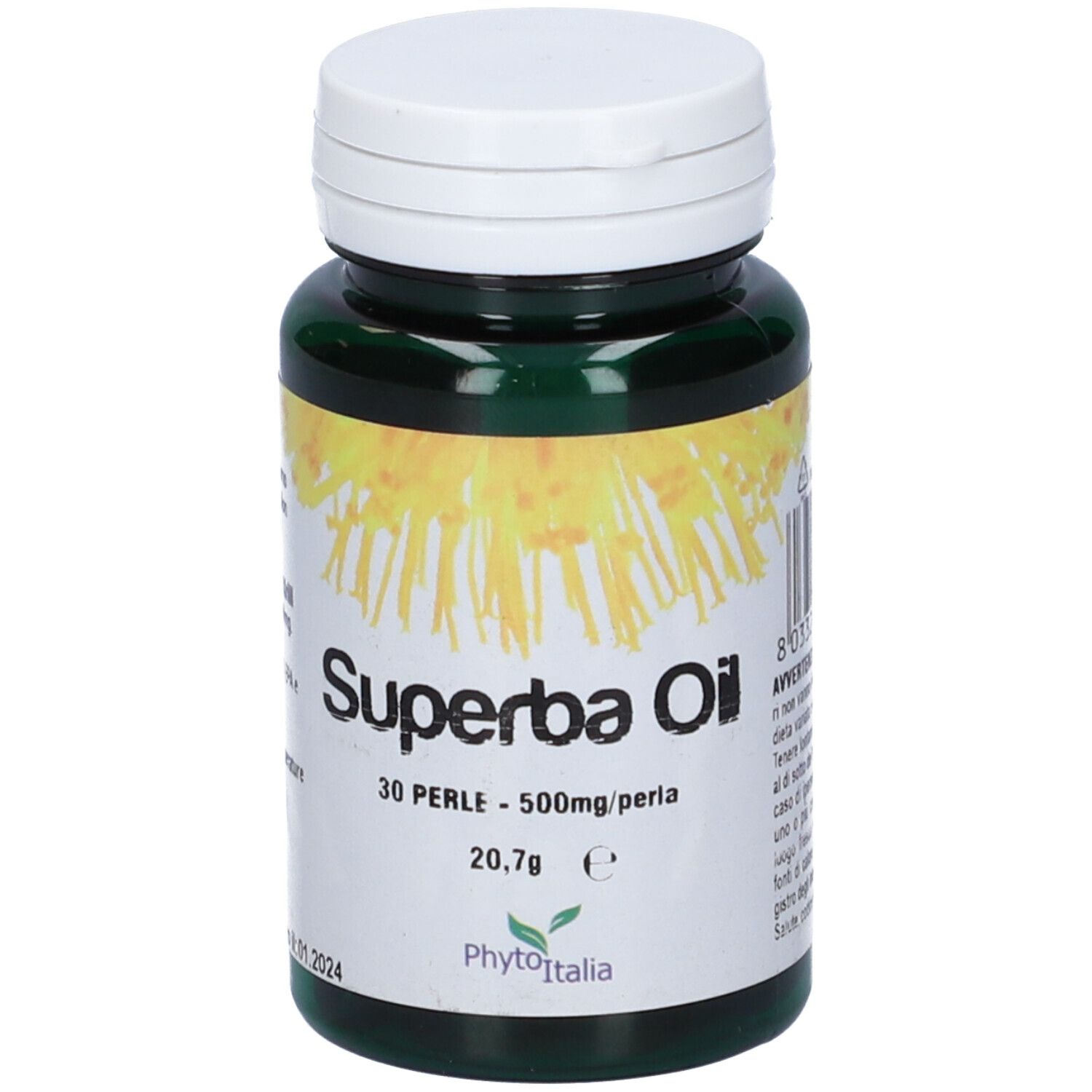 Flacone verde con tappo bianco. Scritta: Superba Oil, 30 perle, 500mg/perla. Marchio: PhytoItalia.