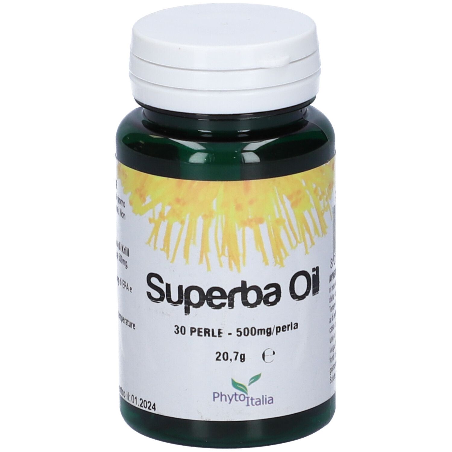 Flacone verde con tappo bianco. Scritta: Superba Oil, 30 perle, 500mg/perla. Marchio: PhytoItalia.
