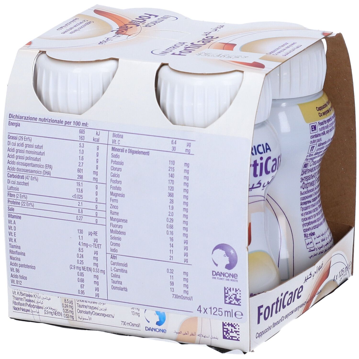 Retro della confezione FortiCare Cappuccino. Informazioni nutrizionali e ingredienti in più lingue. Logo Danone.