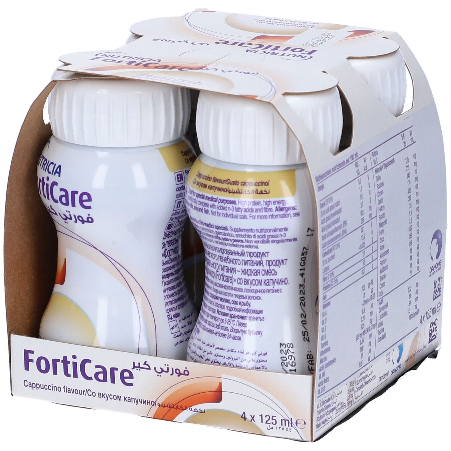 Confezione da quattro bottiglie FortiCare Cappuccino. Bottiglie bianche con tappi bianchi in una scatola di cartone. Stampe multilingue.