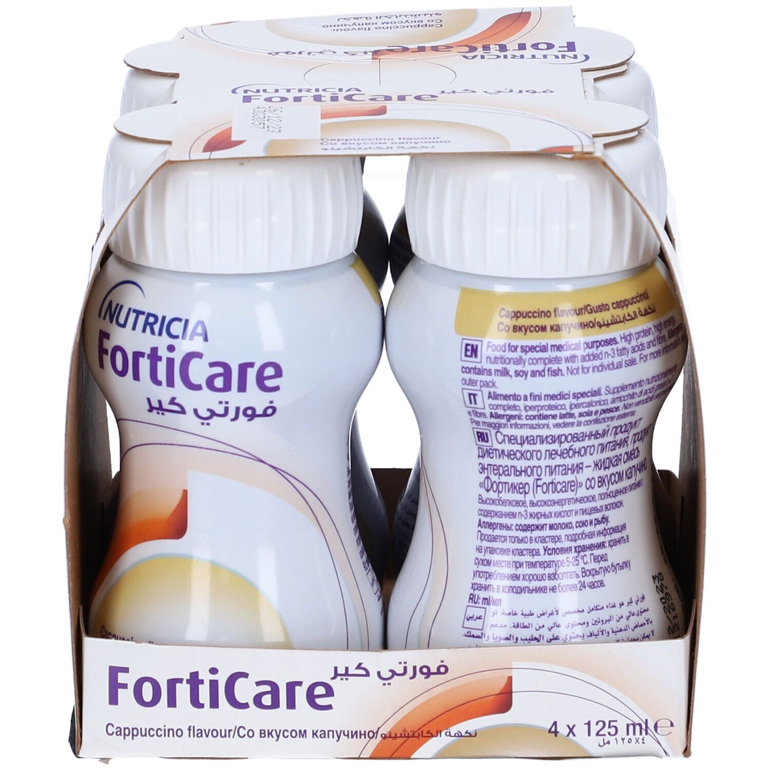 Confezione da quattro bottiglie FortiCare Cappuccino. Bottiglie bianche con tappi bianchi in una scatola di cartone. Stampe multilingue.