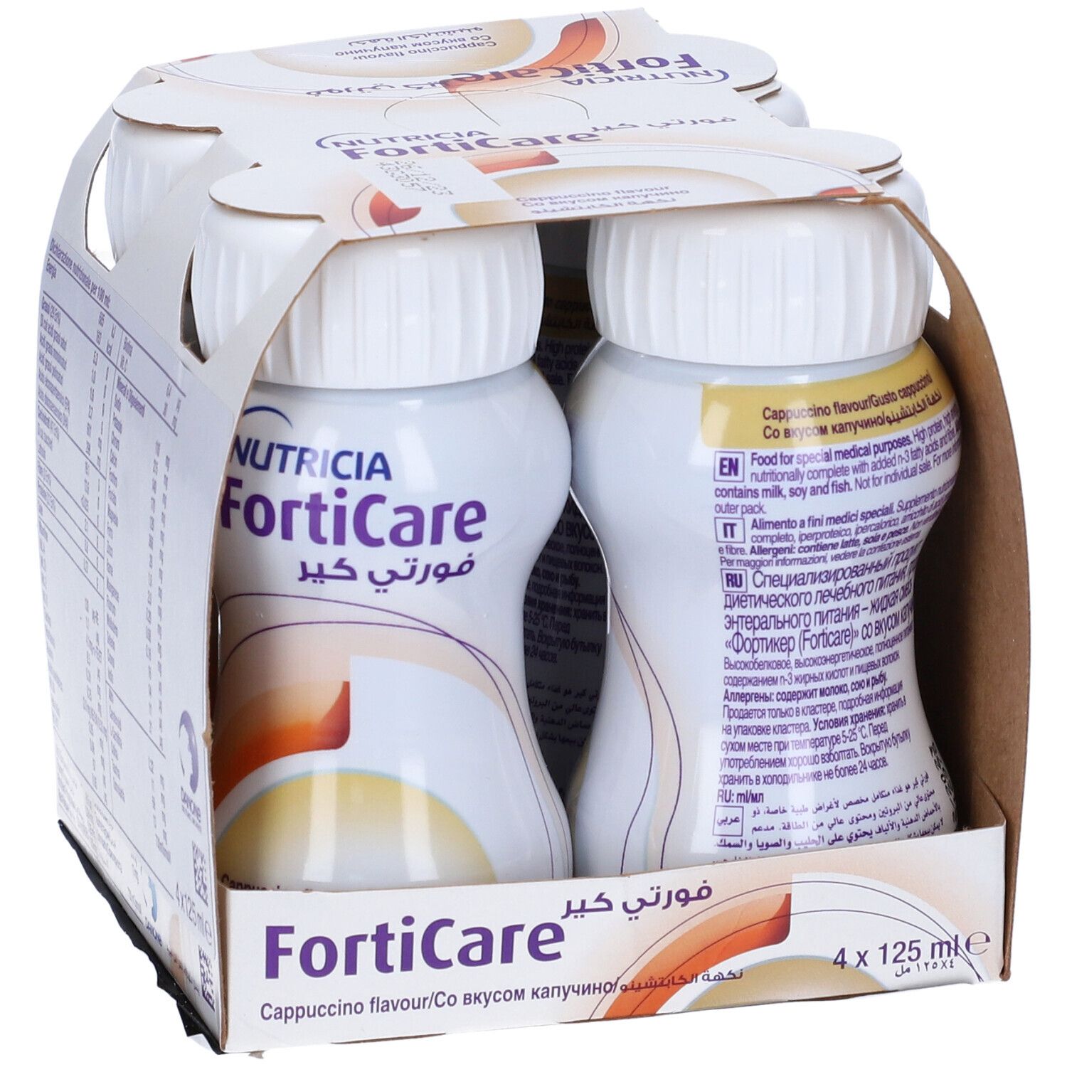 Confezione da quattro bottiglie FortiCare Cappuccino. Bottiglie bianche con tappi bianchi in una scatola di cartone. Stampe multilingue.