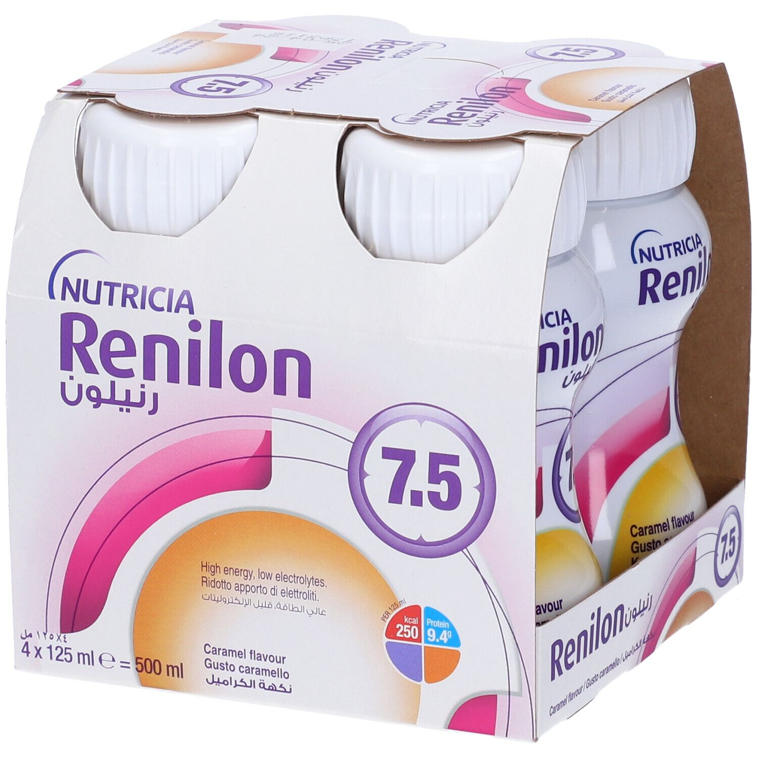 Confezione da quattro bottiglie. Scritta: Nutricia Renilon 7,5. Gusto caramello. 4 x 125 ml.