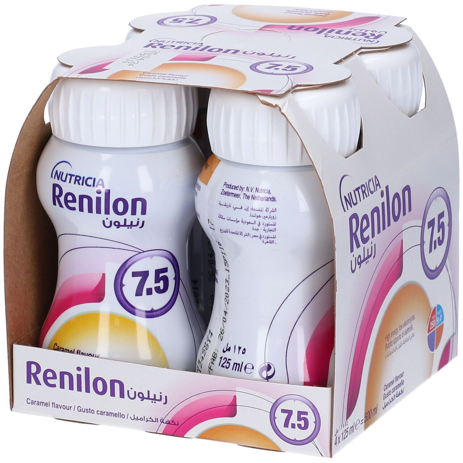Confezione da due bottiglie. Scritta: Nutricia Renilon 7,5. Gusto caramello. 125 ml.