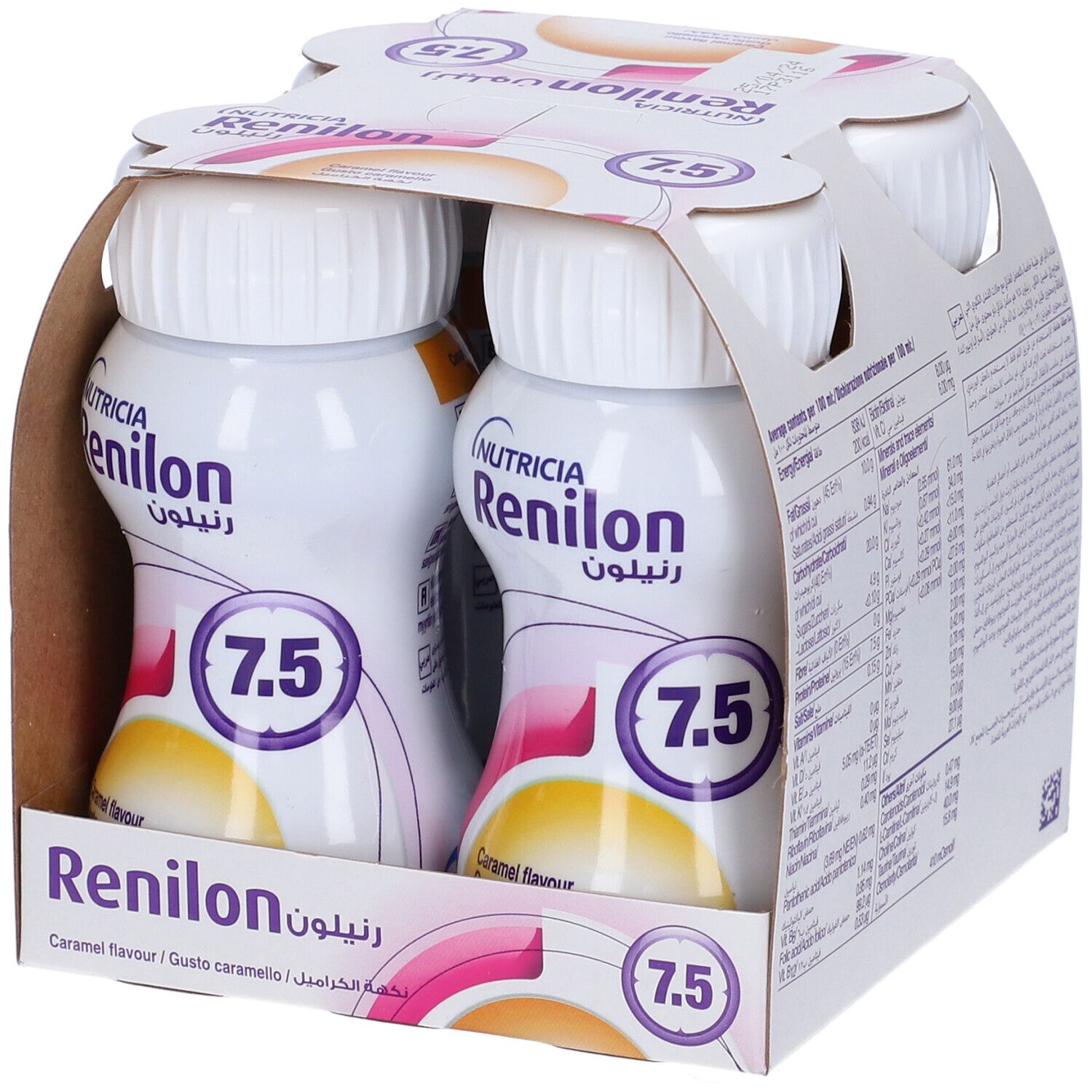 Confezione da due bottiglie. Scritta: Nutricia Renilon 7,5. Gusto caramello. 125 ml.