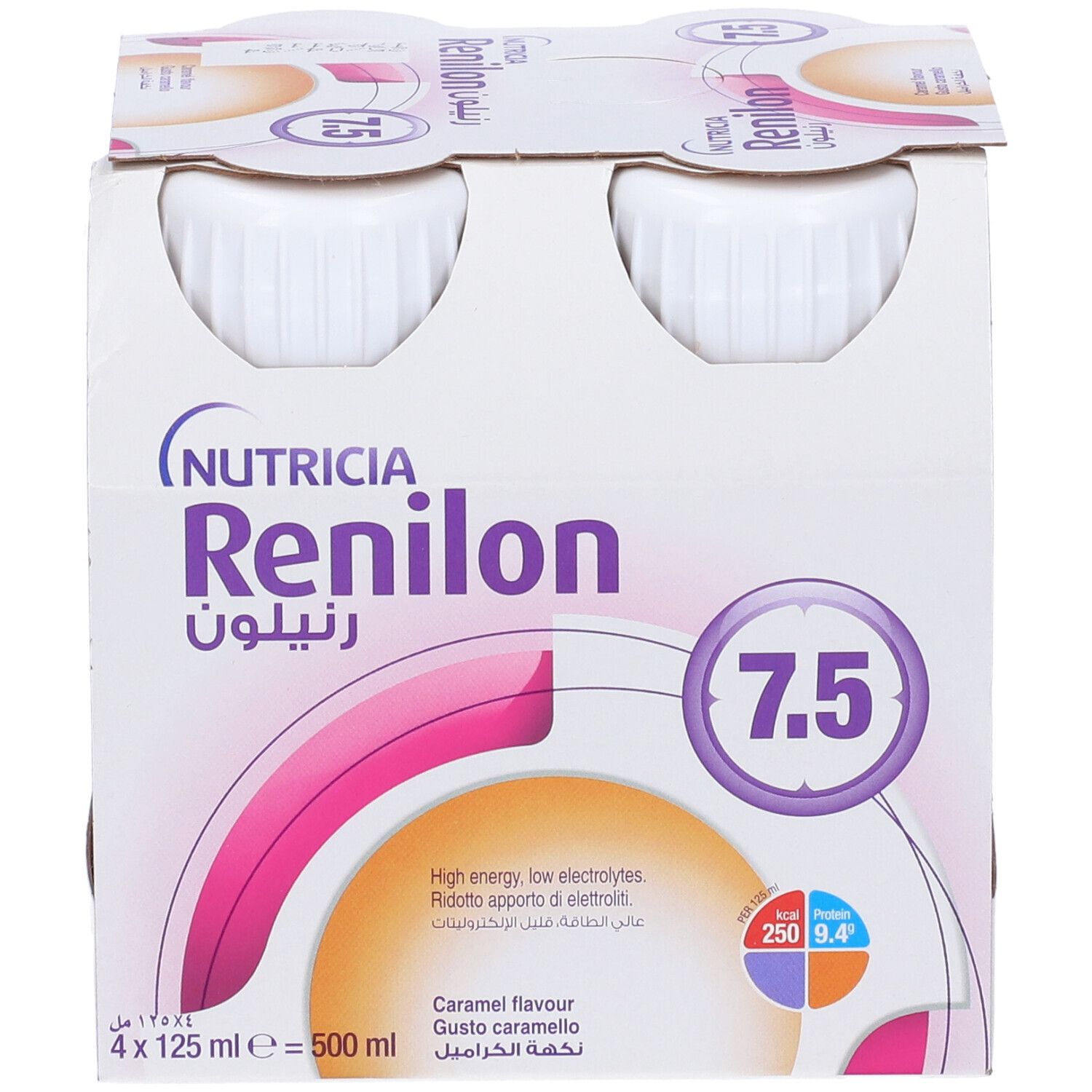 Confezione da quattro bottiglie. Scritta: Nutricia Renilon 7,5. Gusto caramello. 4 x 125 ml.