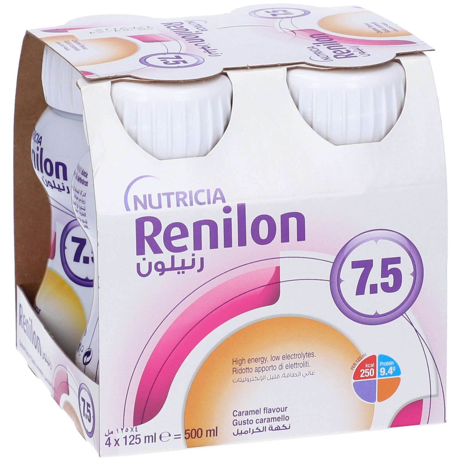 Confezione da quattro bottiglie. Scritta: Nutricia Renilon 7,5. Gusto caramello. 4 x 125 ml.