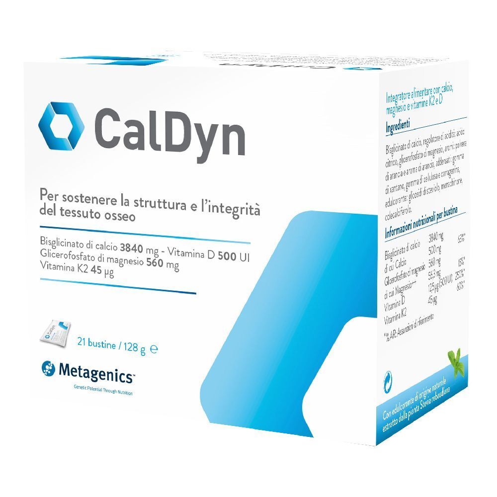 Scatola di integratore CalDyn. Contiene 21 bustine. Contiene calcio, vitamina D e K2. Marchio: Metagenics.