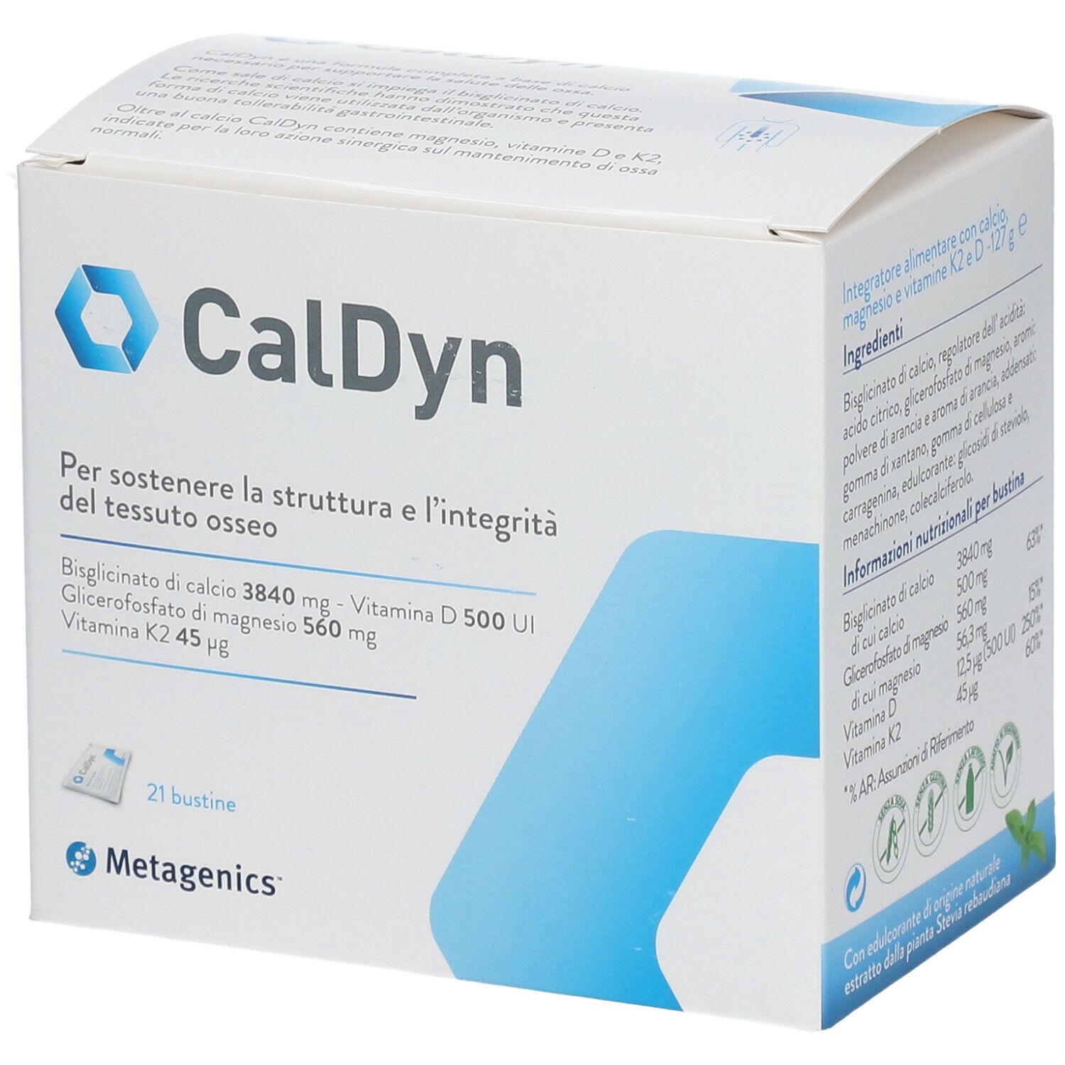 Scatola di integratore CalDyn. Contiene 21 bustine. Contiene calcio, vitamina D e K2. Marchio: Metagenics.