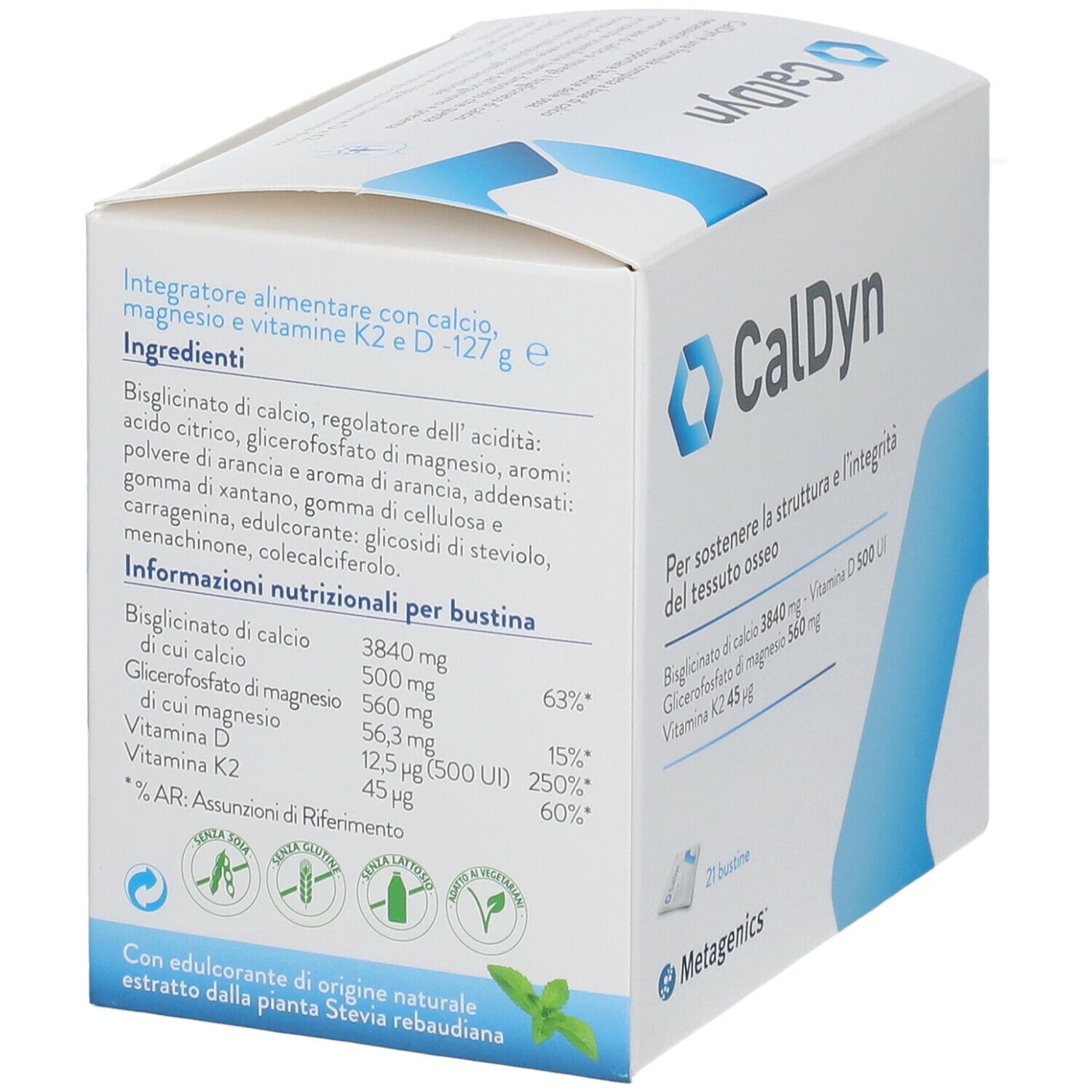 Scatola di integratore CalDyn. Contiene 21 bustine. Contiene calcio, vitamina D e K2. Marchio: Metagenics.
