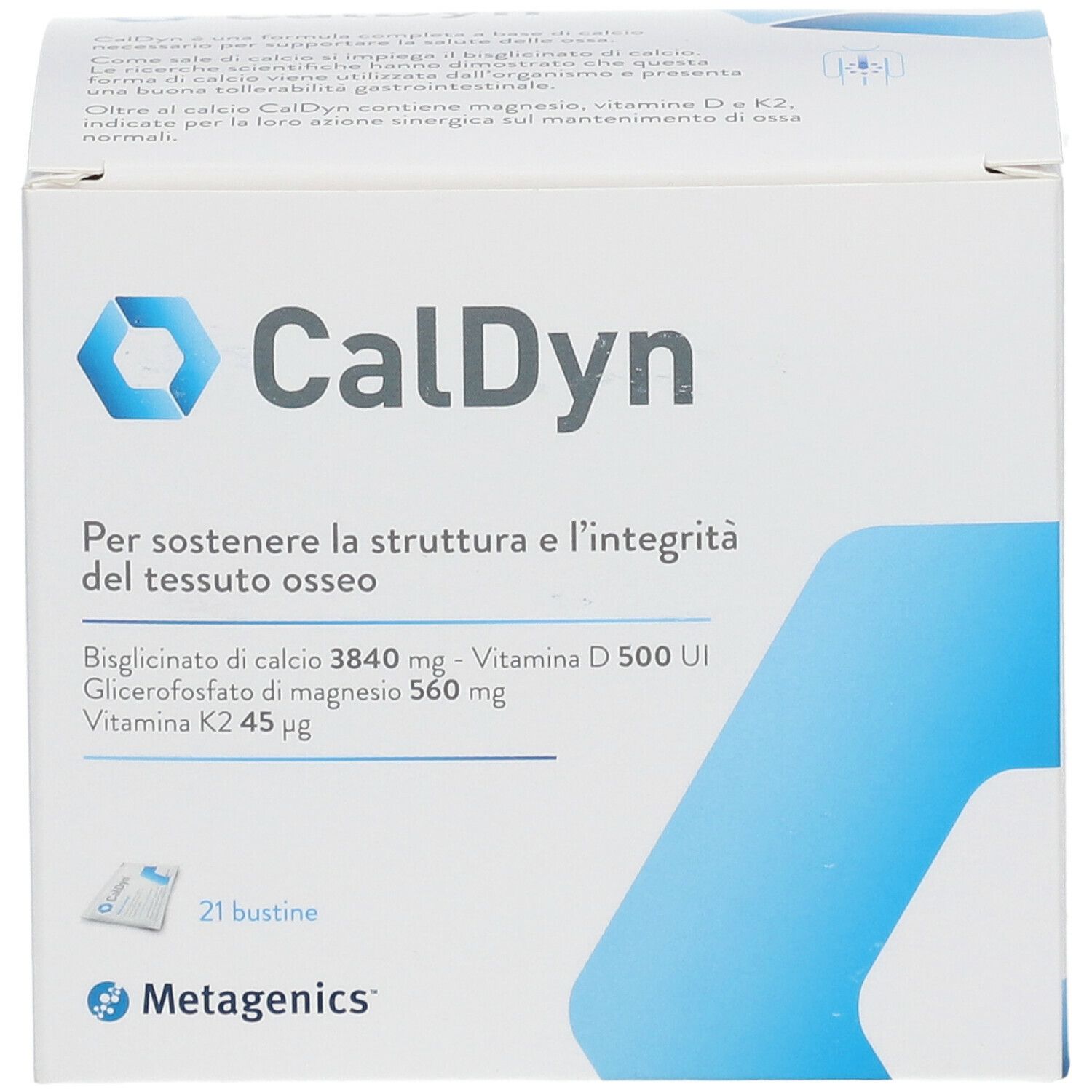 Scatola di integratore CalDyn. Contiene 21 bustine. Contiene calcio, vitamina D e K2. Marchio: Metagenics.