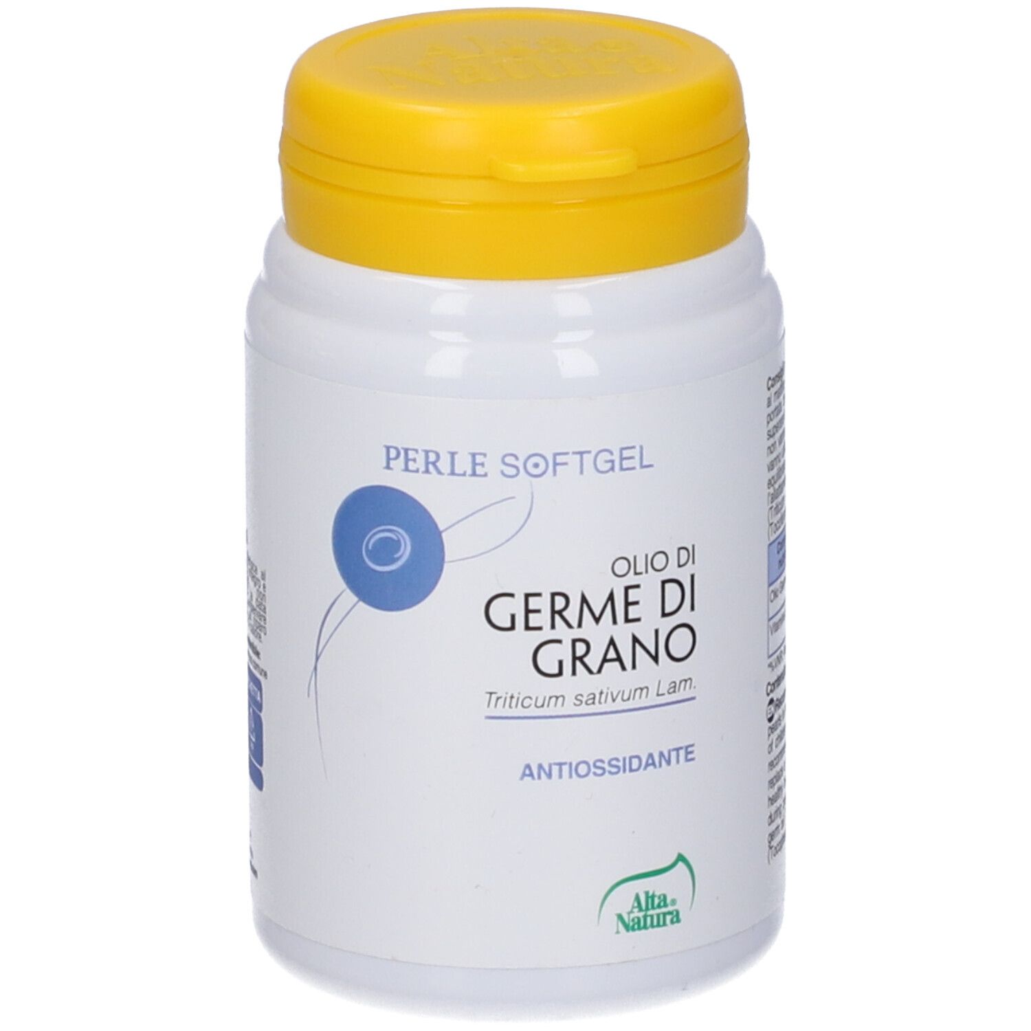 Flacone bianco con tappo giallo. Scritta: Olio di Germe di Grano, antiossidante. Marchio: Alta Natura.