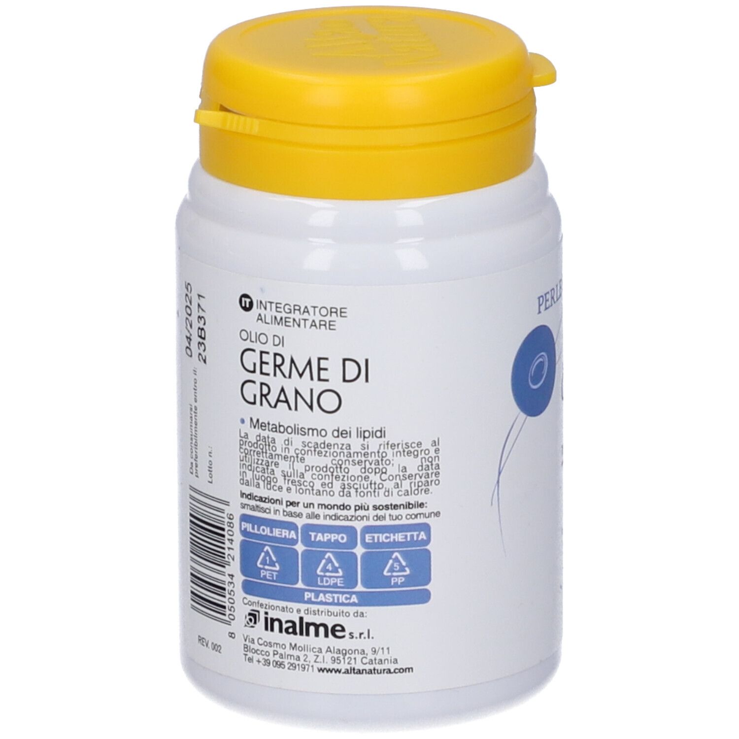 Flacone bianco con tappo giallo. Scritta: Olio di Germe di Grano. Testo e loghi sul retro.
